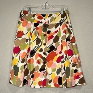 Talbots stretch cotton pleated print skirt with button front lined 12P